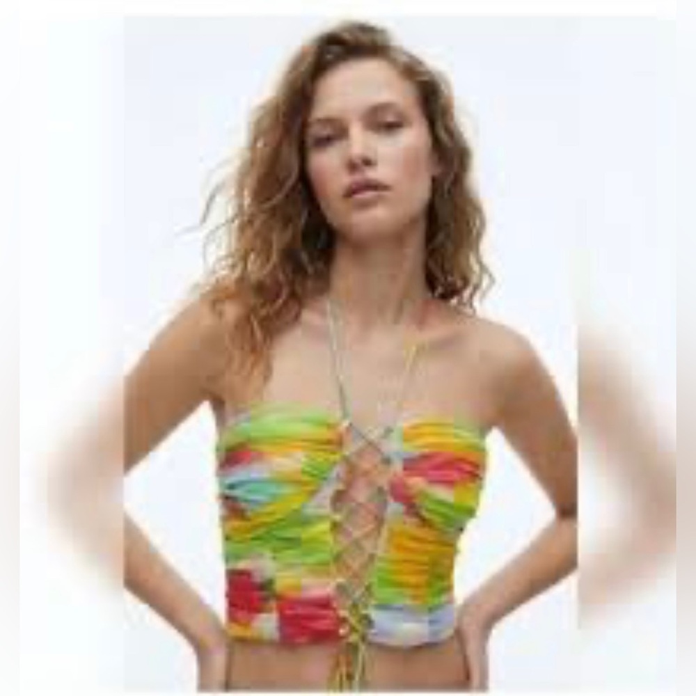Zara Multi-Color Lace-Up mesh Strapless halter Crop Top bunched bustier summer